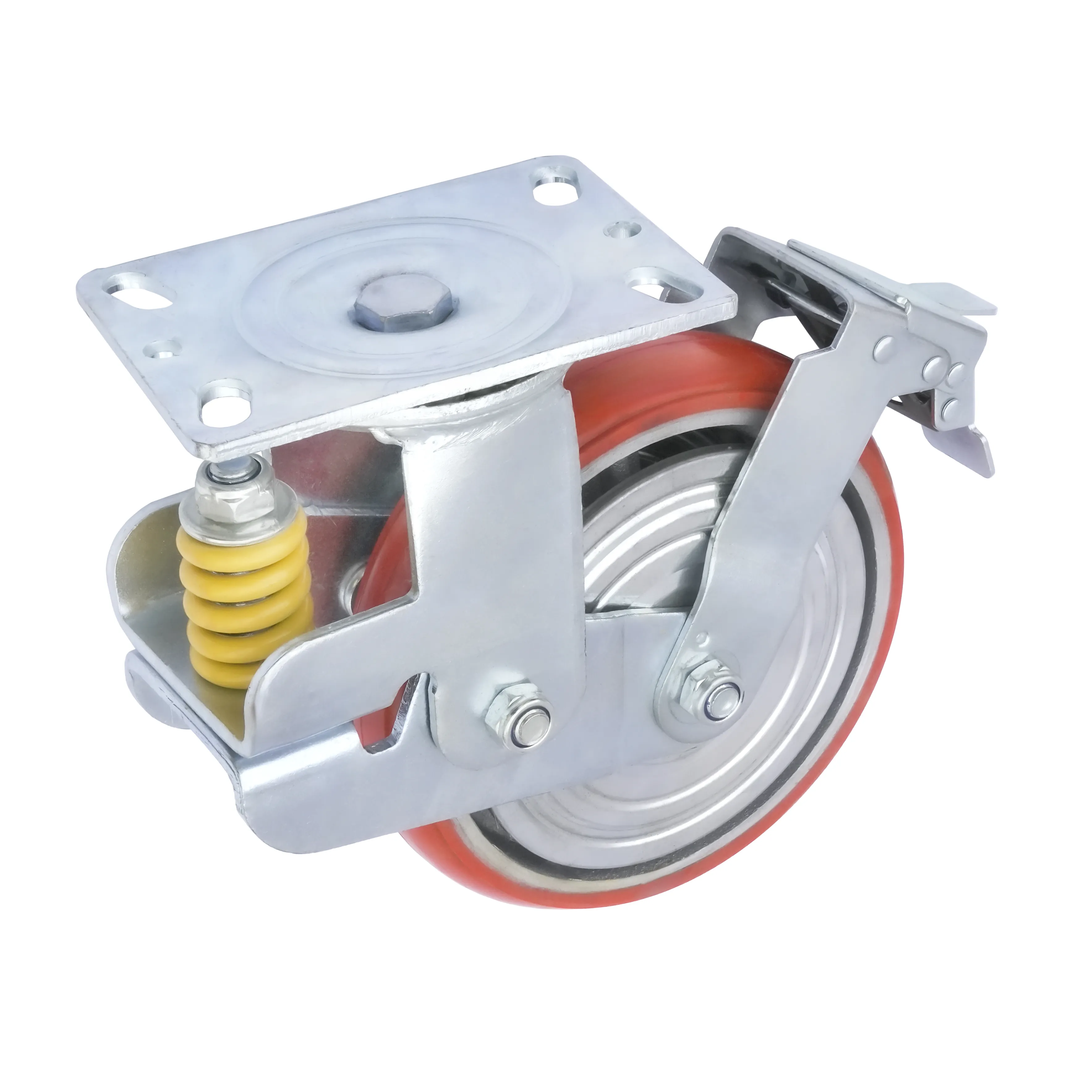 SSLpb 80 - Подпружиненное большегрузное полиуретановое колесо 200 мм (поворот. с тормозом, площадка, шарикоподш.)